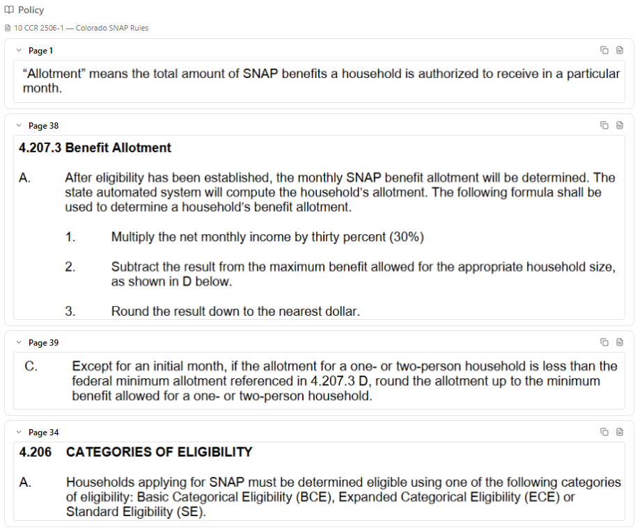 Policy source cards for the allotment fact, showing linked Colorado SNAP rule excerpts.