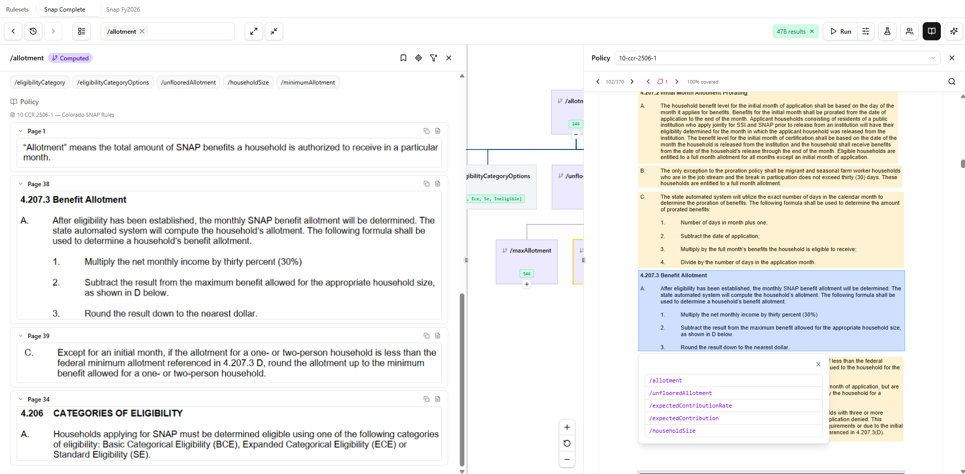 A split view showing allotment policy sources next to the source policy document with related facts linked.